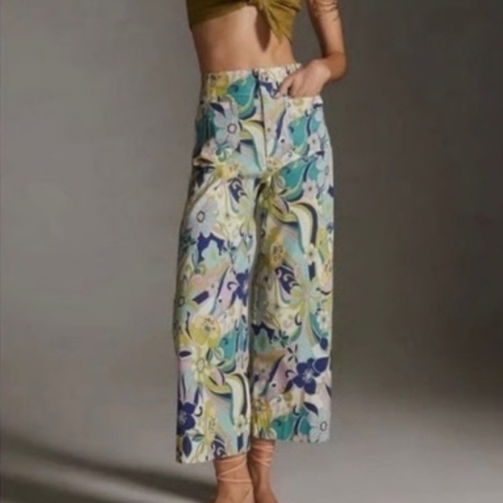 MAEVE Collette Pant Linen Cotton Multicolor Patterned Wide Leg High Waist  Sz 27